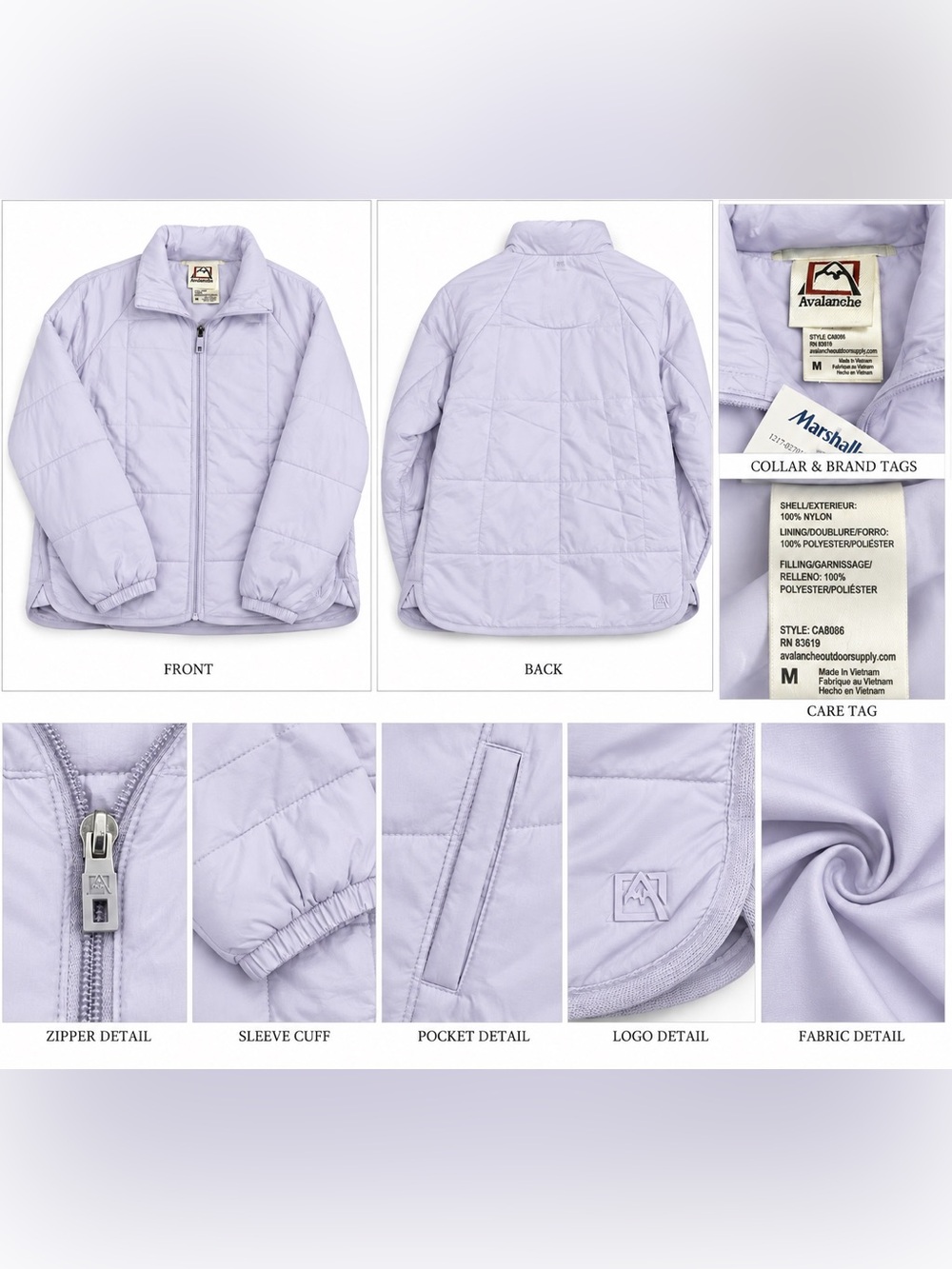 Avalanche Women’s M Lavender Quilted Puffer Jacket Full Zip Lightweight NWT